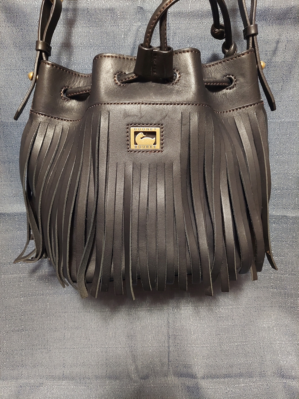 Dooney & Bourke Black Leather Fringe Drawstring Bucket Bag
